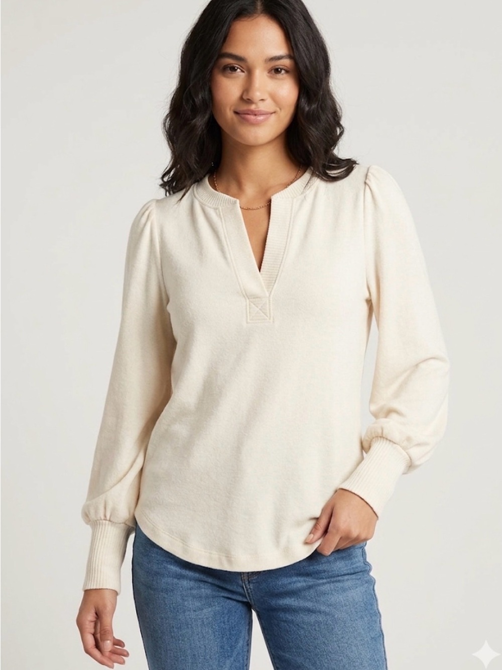 Buffalo David Bitton Cream V-Neck Puff-Sleeve Knit Top